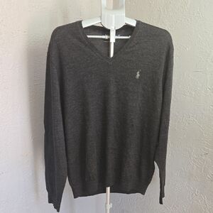 Polo Ralph Lauren Dark Gray V-Neck Sweater Merino Wool Soft Preppy Classic